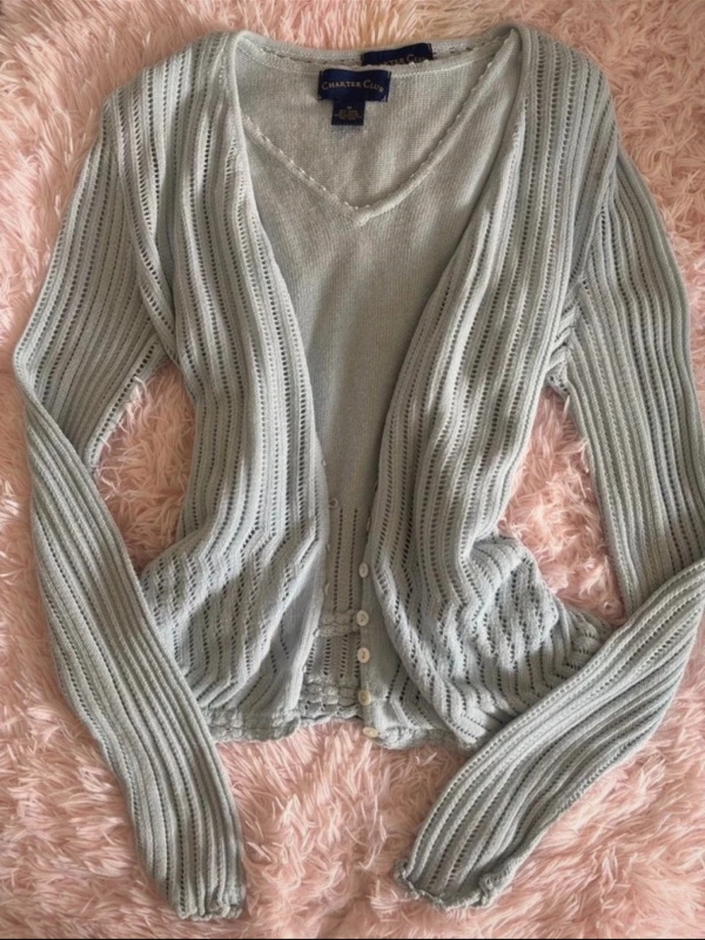 Charter Club Vintage Mint Green Openwork Button-Front Cardigan Set